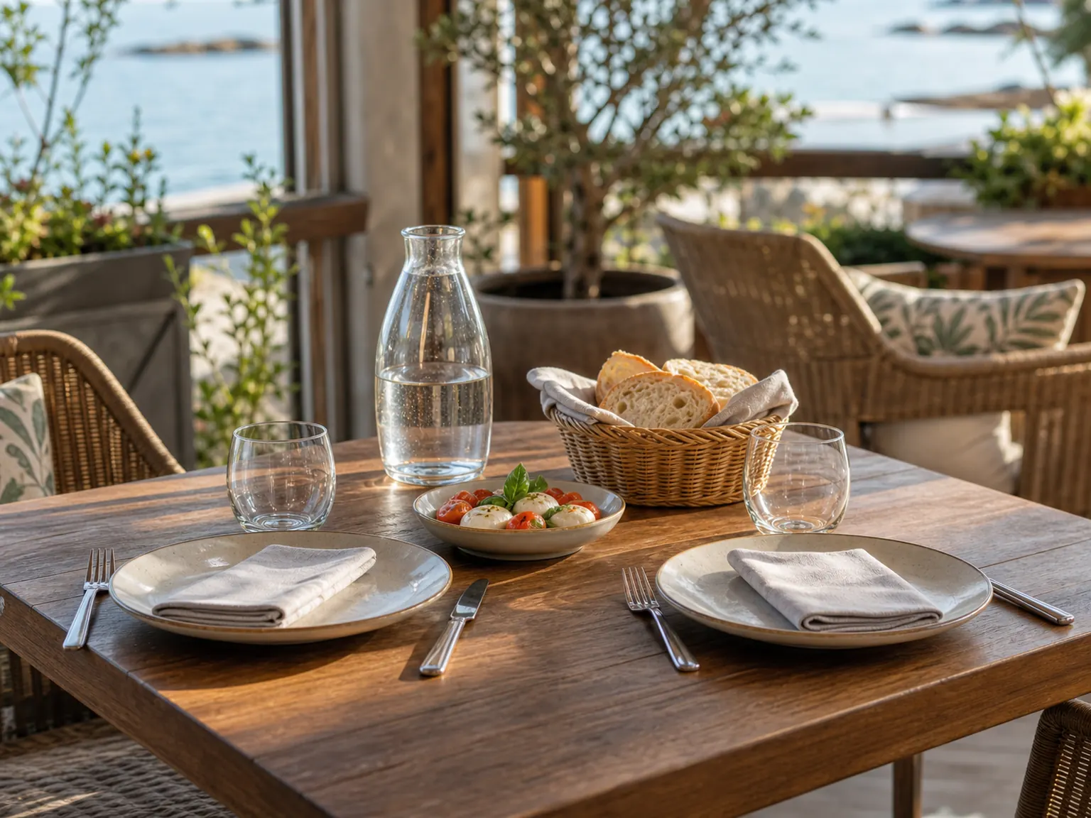 Table dressée sur une terrasse de restaurant près de Merville-Franceville